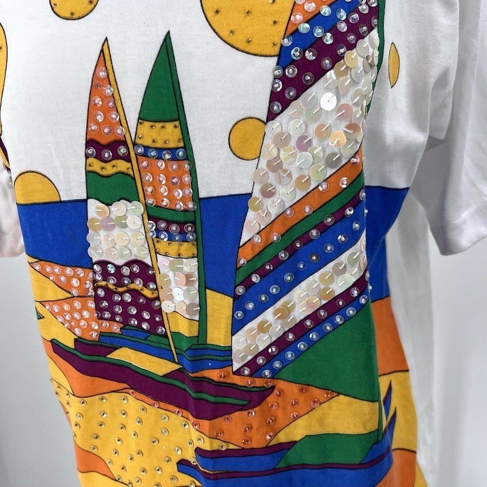Vintage 90s Colorful Embellished Sailboat T-Shirt Shoulder Pads - Picture 3 of 8